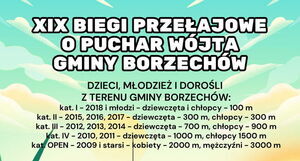 Afisz ogłaszający XIX Bieg Przełajowy o Puchar Wójta Gminy Borzechów dla dzieci i dorosłych, z kolorowymi grafikami biegaczy, datami i informacjami o kategoriach wiekowych oraz miejscu wydarzenia.