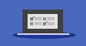 Ilustracja przedstawia laptopa na niebieskim tle. Na ekranie widnieje tabela z tekstem oraz dwoma zaznaczonymi polami wyboru, symbolizującymi ukończenie zadań lub wypełnienie formularza.