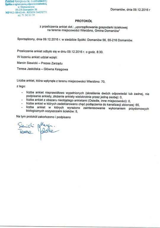  Dotyczy: spotkania wiejskiego z dnia 21 listopada 2016 r., w sprawie uporządkowania gospodarki ściekowej na terenie miejscowości Wierzbno, Gmina Domaniów