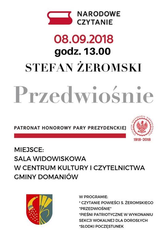Zaproszenie na Narodowe Czytanie 2018- ,,Przedwiośnia " Stefana Żeromskiego