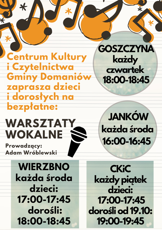 CKiC Gminy Domaniów zaprasza na bezpłatne warsztaty wokalne dla dzieci        i dorosłych. 