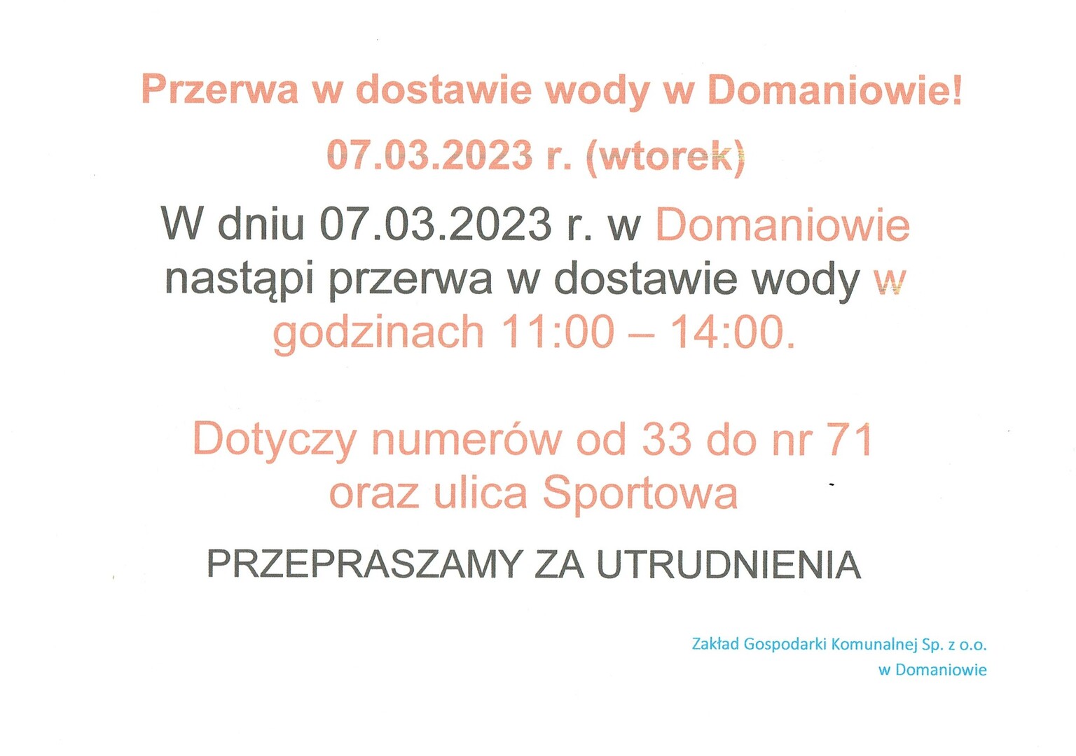 UWAGA PRZERWA W DOSTAWIE WODY 