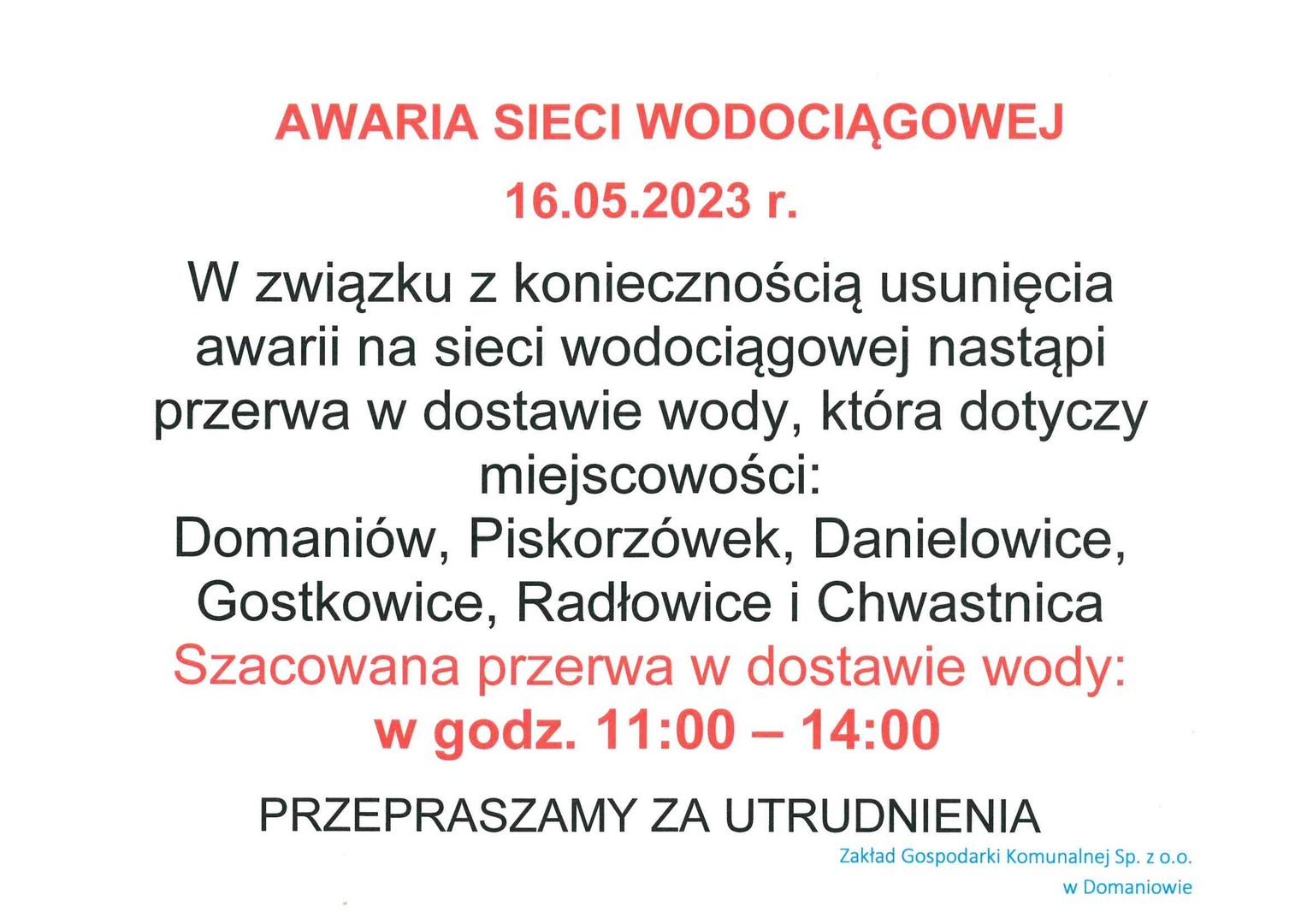 Uwaga !!! Awaria sieci wodociągowej