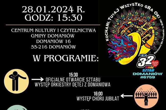 Opis alternatywny: Plakat promujący wydarzenie muzyczne i kulturalne z grafiką i symbolami wskazującymi różne rodzaje występów, takie jak taniec, śpiew, gitara, a także inne zajęcia jak zajęcia z samoobrony i pokaz strażacki. Wszystko w jaskrawych kolorach na czarnym tle.