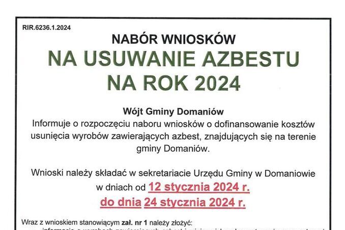 Plakat informujący o naborze wniosków na usuwanie azbestu na rok 2024 w gminie Domaniew, z terminem do 12 stycznia 2024 roku.