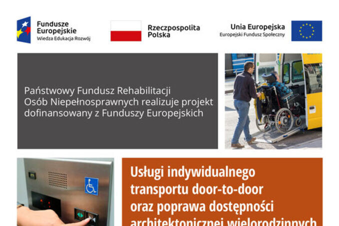 Zdjęcie przedstawia plakat informacyjny o usługach dostosowanych do potrzeb osób z niepełnosprawnościami, wspieranych przez Europejski Fundusz Społeczny. Na plakacie widoczne są zdjęcia osób korzystających z pomocy technicznej, takie jak wózek inwalidzki i specjalistyczne urządzenia, oraz informacje kontaktowe.