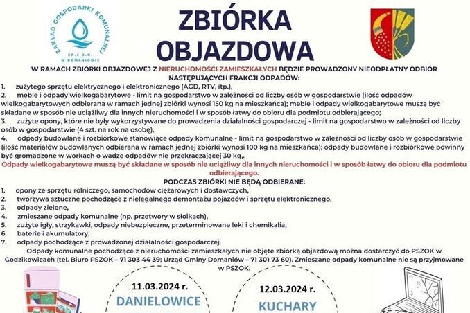 Opis alternatywny: Plakat informacyjny o zbiórce odpadów w różnych dniach i lokalizacjach z kolorowymi ikonami odpadów, takimi jak opony, urządzenia elektryczne, baterie i inne.