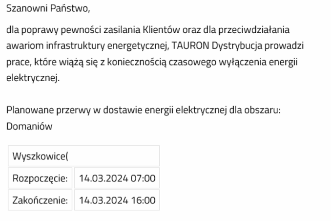 Planowane wyłączenia prądu (miejscowość Wyszkowice 14.03.2024)