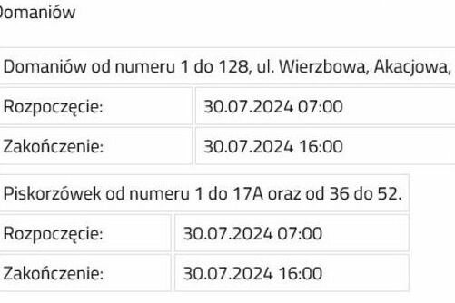 Planowane wyłączenia prądu w dniu 30.07.2024 miejscowości Domaniów, Piskorzówek.