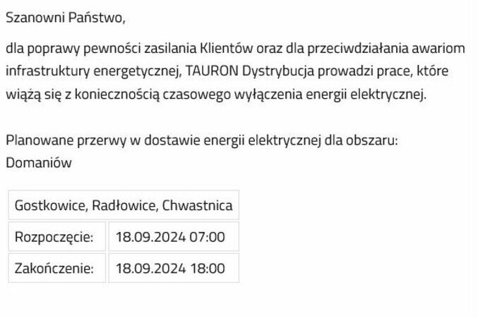 Planowane wyłączenia energii elektrycznej!