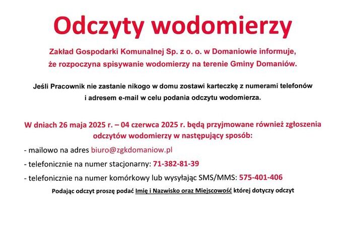 Odczyt wodomierzy w Gminie Domaniów!