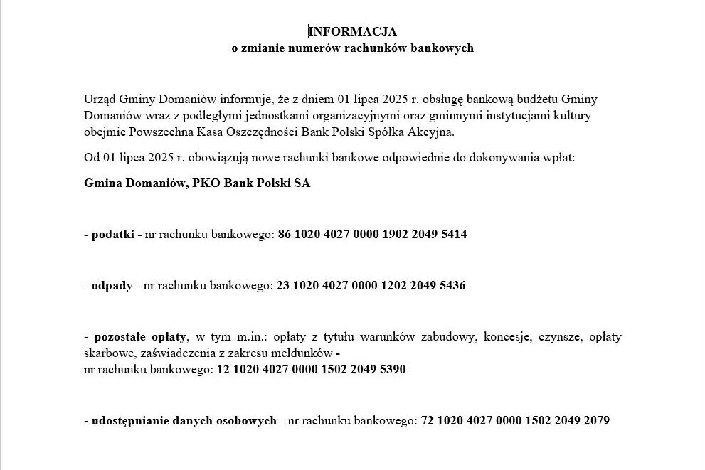 Przypominamy o zmianie numerów rachunków bankowych w UG Domaniów, która nastąpiła od dnia 1 lipca 2025 r.