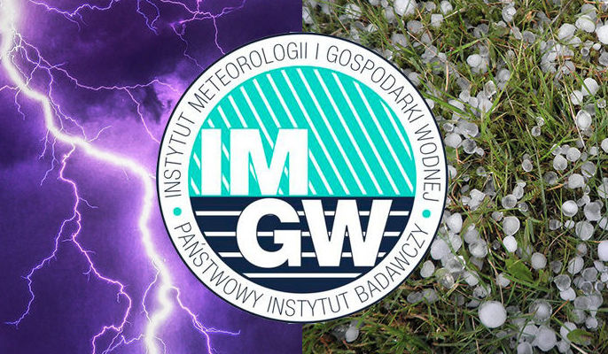 Zdjęcie przedstawia logo Instytutu meteorologii i gospodarki wodnej na tle zdjęcia burzy oraz gradu