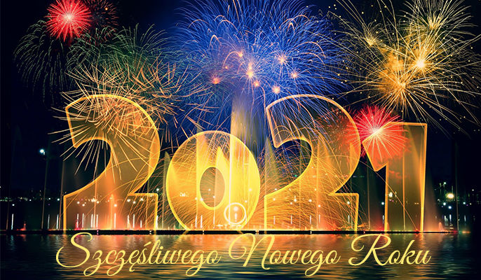 Grafika okolicznościowa - napis Szczęśliwego Nowego Roku o 2021 na tle fajerwerków