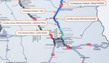 Grafika przedstawia mapę ilustrującą przebieg nowej drogi S19