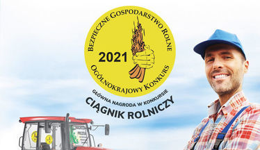 Na zdjęciu fragment plakatu promującego konkurs: uśmiechnięty rolnik, logo konkursu i fragment ciągnika