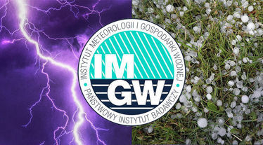 Logo IMGW na tle burzy i gradu