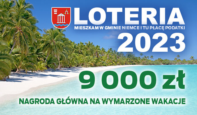 grafika z napisem loteria 2023 na tle plaży z palmami