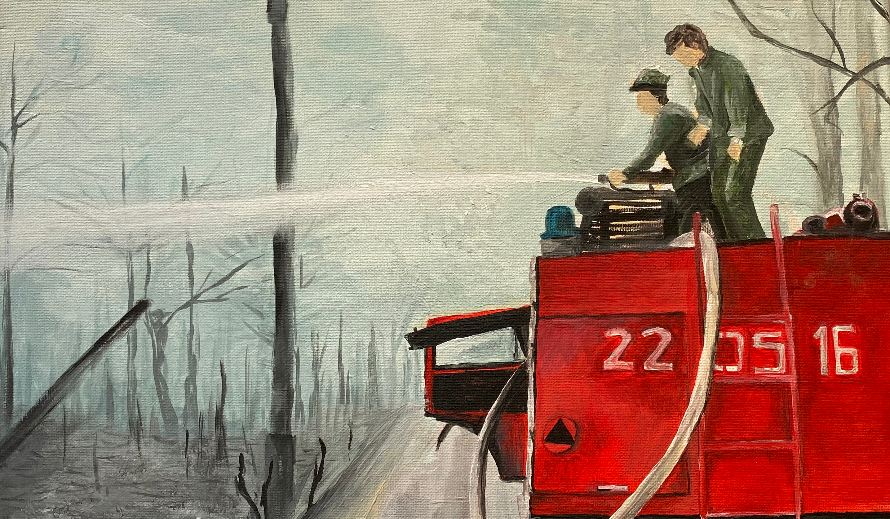 fragment pracy plastycznej przedstawiającej strażaków gaszących pożar