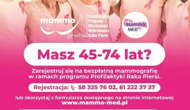 Plakat przedstawia dane kontaktowe dotyczące bezpłatnego badania piersi.