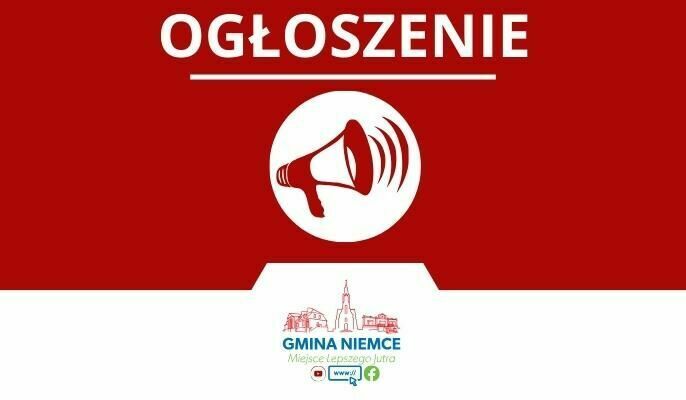 grafika przedstawia głośnik na czerwonym tle oraz logo gminy Niemce