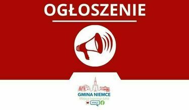 grafika przedstawia głośnik na czerwonym tle oraz logo gminy Niemce