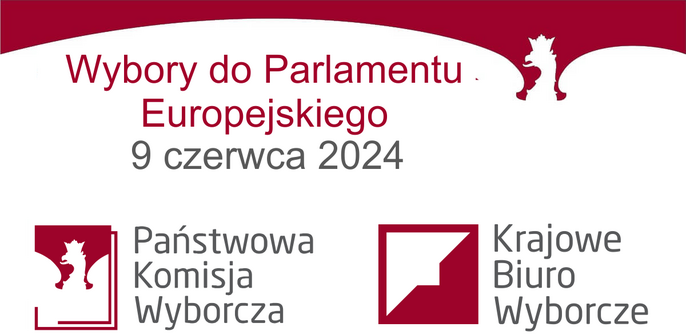 Logo Państwowej Komisji Wyborczej oraz Krajowego Biura Wyborczego oraz napis Wybory do Parlamentu Europejskiego 9 czerwca 2024