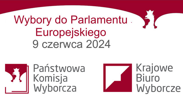 Logo Państwowej Komisji Wyborczej oraz Krajowego Biura Wyborczego oraz napis Wybory do Parlamentu Europejskiego 9 czerwca 2024