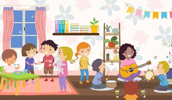 Grafika przedstawia animowany rysunek z dziećmi w przedszkolu