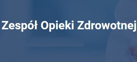 Grafika przedstawia biały napis Zespół Opieki Zdrowotnej umieszczony na niebieskim tle