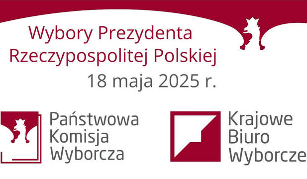 Logo Państwowej Komisji Wyborczej oraz Krajowego Biura Wyborczego oraz napis Wybory Prezydenta Rzeczypospolitej Polskiej 18 maja 2025 roku