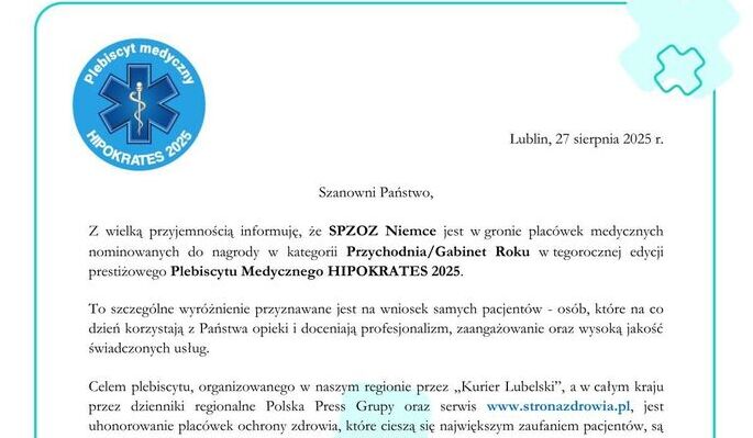 SPZOZ w Niemcach oraz 2 pracownicy placówki nominowani w plebiscycie Kuriera Lubelskiego