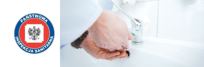 Logo Państwowa inspekcja sanitarna i zdjęcie osoby myjącej ręce