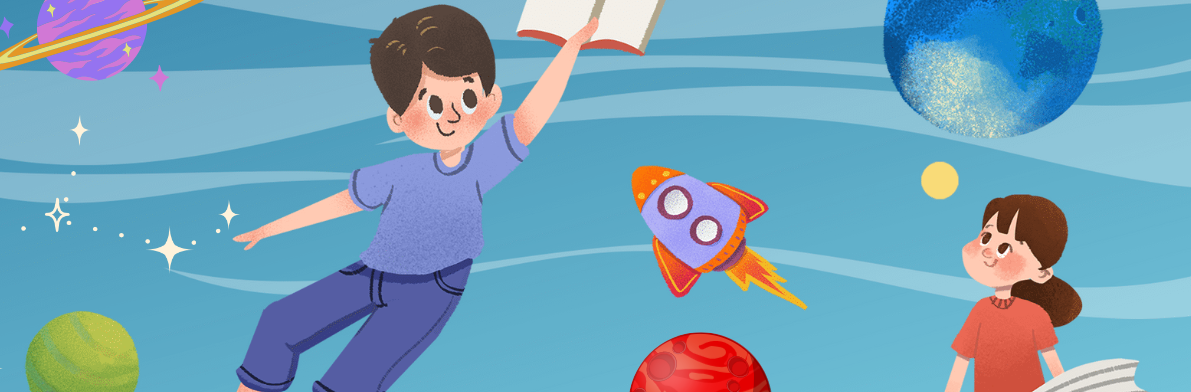 Ilustracja dzieci z książkami w kosmosie