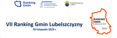 Prezentacja z tytułem "VII Ranking Gmin Lubelszczyzny", datą "30 listopada 2023 r." i logotypami sponsorów oraz organizatorów, w tym Urzędu Statystycznego. Elementy graficzne sugerują oficjalne ogłoszenie wyników rankingu.