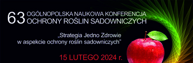 Plakat "63. Ogólnopolska Naukowa Konferencja Ochrony Roślin Sadowniczych" z datą "15 lutego 2024 r.", jabłkiem i motywem roślinnym.