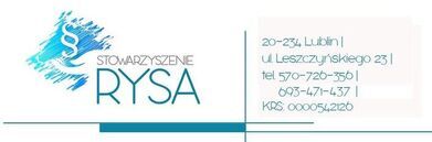 Logo stowarzyszenia "Rysa" z abstrakcyjnym, niebieskim znakiem graficznym oraz informacje kontaktowe: adres, telefon, KRS.