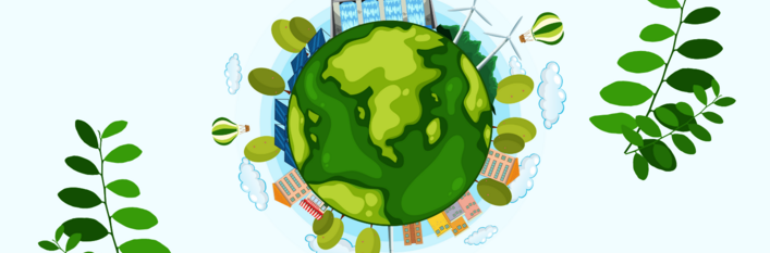 Ilustracja przedstawia Ziemię z symbolami ekologii i odnawialnych źródeł energii, takimi jak wiatraki, panele słoneczne i roślinność.