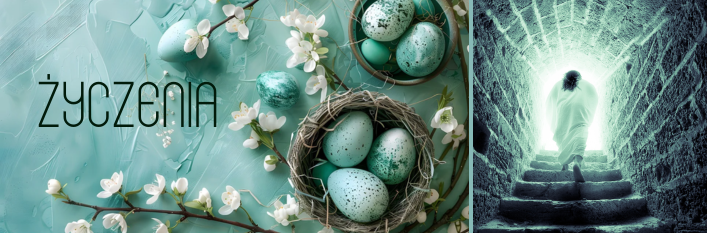 Opis 1: Delikatne białe kwiaty z jasnoniebieskimi jajkami w gniazdku na tle w odcieniach turkusu z napisem "Życzenia".

Opis 2: Tajemnicza postać na końcu mrocznego, kamienistego tunelu oświetlonego zielonym światłem z efektem pajęczyny.