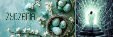 Opis 1: Delikatne białe kwiaty z jasnoniebieskimi jajkami w gniazdku na tle w odcieniach turkusu z napisem "Życzenia".

Opis 2: Tajemnicza postać na końcu mrocznego, kamienistego tunelu oświetlonego zielonym światłem z efektem pajęczyny.