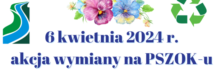 Plakat informacyjny o zbiórce elektrośmieci, z datą 6 kwietnia 2024, zdjęciami kwiatów bratka i logo recyklingu.