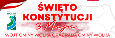 Plakat o tematyce świątecznej z napisem "Święto Konstytucji 3 Maja", z grafiką mapy i logotypami. Dominują kolory biały i czerwony.