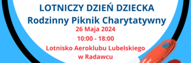 Plakat ogłaszający "Lotniczy Festiwal Rodzinny" 26 maja w Radawcu Dużym z grafiką przypominającą abstrakcyjny samolot, informacjami o wydarzeniach i sponsorach.