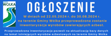 Plakat informacyjny z grafiką flagi Unii Europejskiej, zawierający daty i szczegóły dotyczące inwentaryzacji wyrobów zawierających azbest w gminie Wólka. Kontakt i logo firmy w dolnej części.