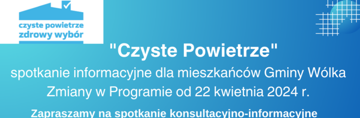 Plakat informacyjny o spotkaniu dotyczącym programu "Czyste Powietrze" z datą 28.05.2024, miejscem i godziną, w tonacji niebiesko-białej z grafikami molekuł.