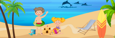 Dwoje małych dzieci bawi się na plaży: chłopiec macha, a dziewczynka buduje zamek z piasku, w tle widać delfiny w morzu i leżak obok deski surfingowej.