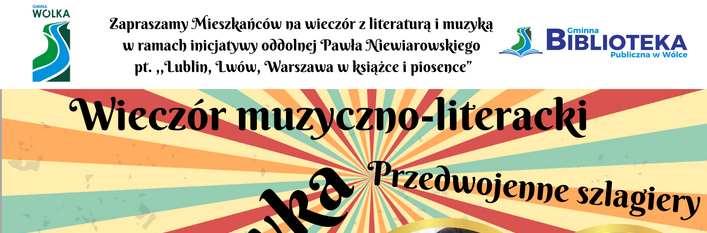 Plakat zapraszający na wieczór muzyczno-literacki z kolorowymi promienistymi pasami i mikrofonem w tle, z napisami informacyjnymi.