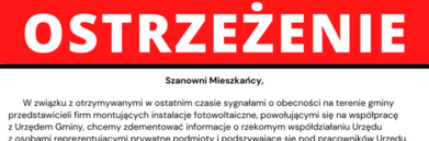 Zdjęcie przedstawia czerwono-biały dokument z polskim tekstem, który jest ostrzeżeniem lub ogłoszeniem skierowanym do mieszkańców. Jest to oficjalny komunikat z nagłówkiem "OSTRZEŻENIE" u góry.