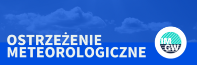 Baner z napisem "OSTRZEŻENIE METEOROLOGICZNE" na niebieskim tle z logo instytucji meteorologicznej po prawej stronie.