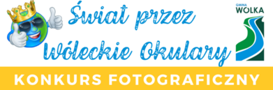 Baner konkursu fotograficznego z napisem "Świat przez włościańskie Okulary", grafiką kolorowych okularów i logo gminy.